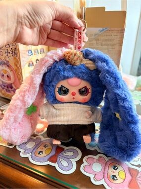 Plush Bunny-Ear Doll Keychain - Blue & Pink Lily rabbit in town
